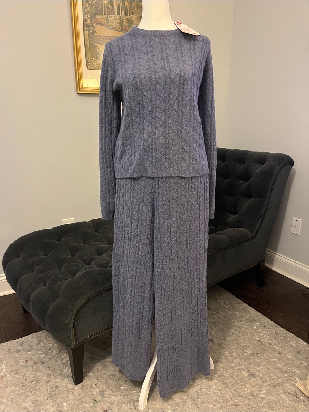 Pink Rose Heathered Slate Cable Knit Pullover and Pants — Dusty Blue